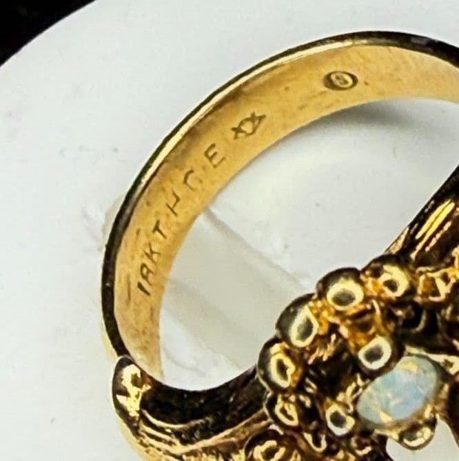 F12 - Mid-Century Vargas 18KT HGE Ornate Gold Filigree Faux Opal Cocktail Ring - Size 5 - Thumbnail 2