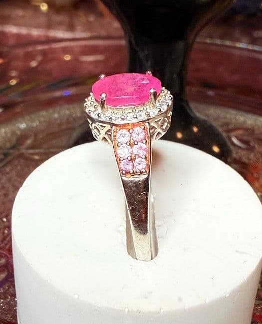 F11 - D'Joy 925 Sterling Silver Lab-Created Ruby Halo Statement Ring - Size 10