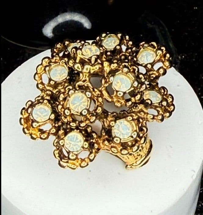 F12 - Mid-Century Vargas 18KT HGE Ornate Gold Filigree Faux Opal Cocktail Ring - Size 5