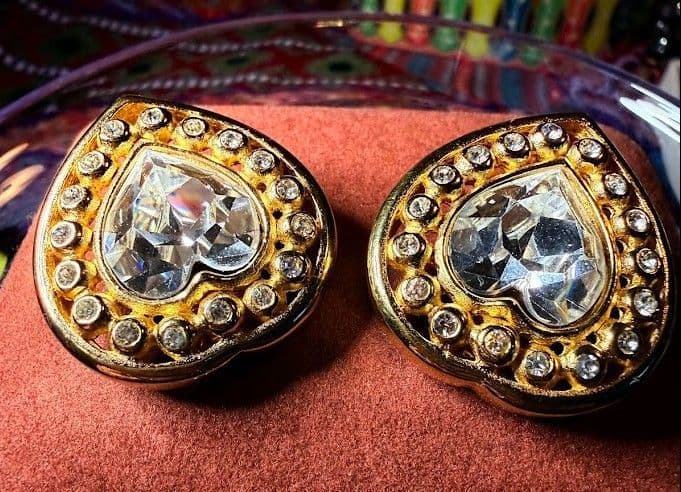 F14 - Authentic Vintage Christian Dior Signed Gold Tone Heart Clip-On Earrings