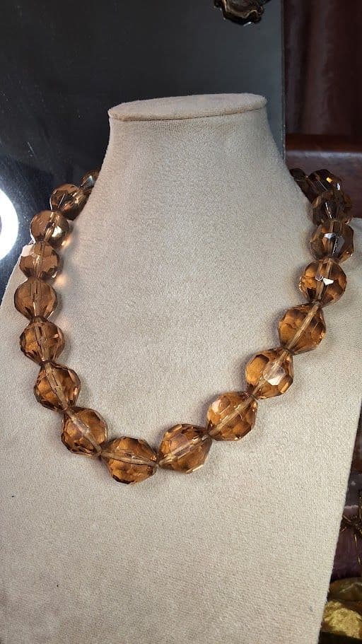 F43 Vintage West Germany Amber molded Lucite Beaded Necklace Faceted Mid Century Statement Necklace