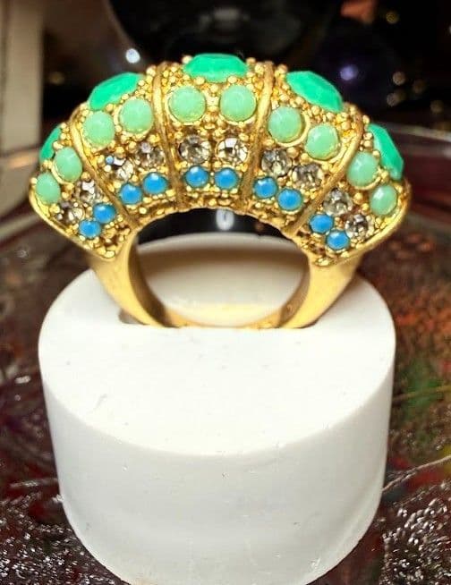 F16 - Vintage Lia Sophia Mirage statement ring featuring green and blue stones in a gold-tone setting