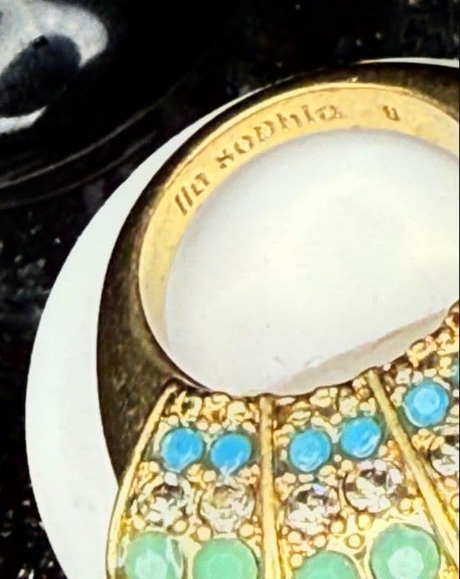 F16 - Vintage Lia Sophia Mirage statement ring featuring green and blue stones in a gold-tone setting - Thumbnail 2
