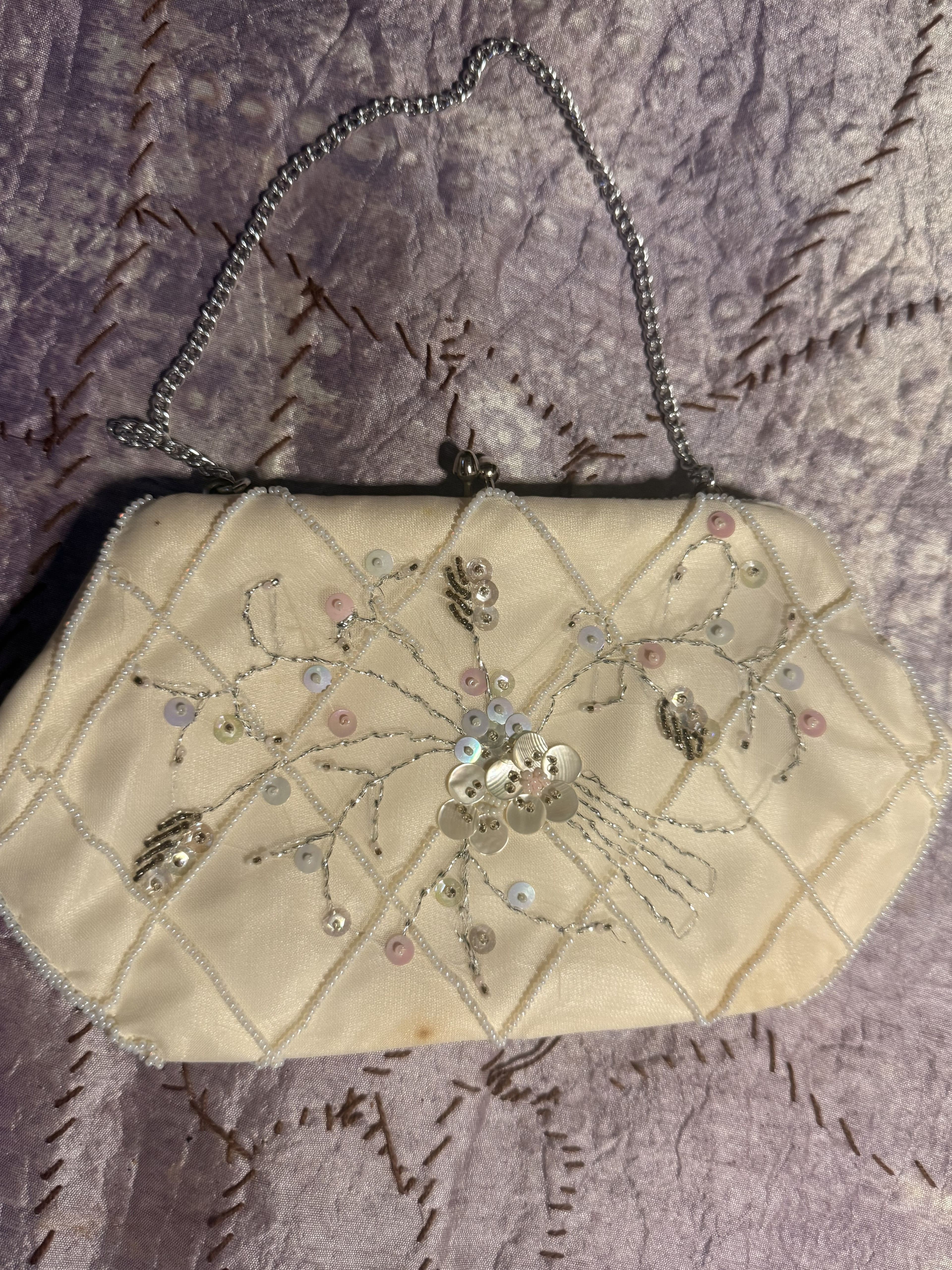 F26 - Mid Century Bag by Donna Embroidered Floral Bridal Purse with Chain