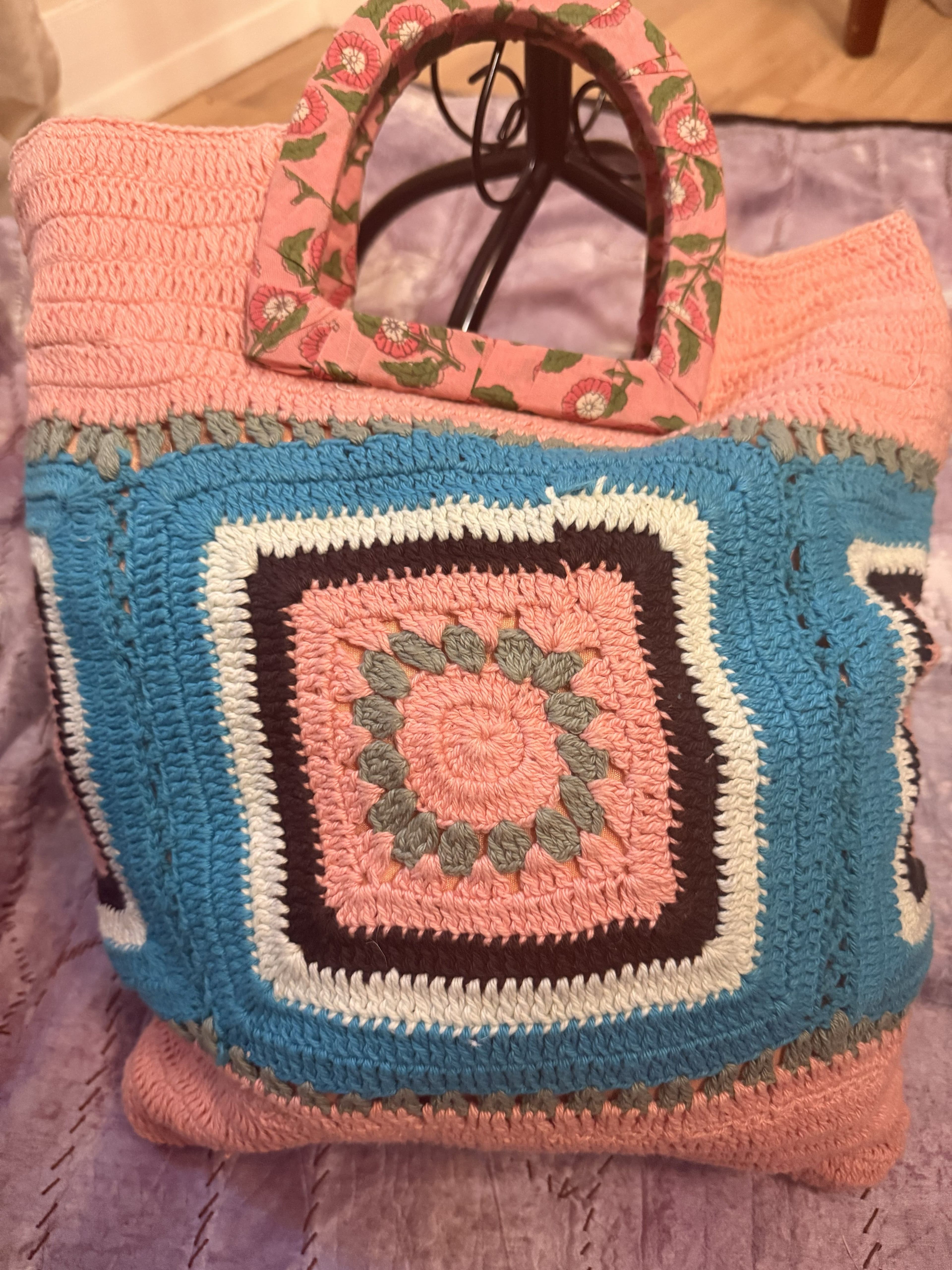 F21 - NWOT Karma Highway Boho Granny Square Crochet Tote Bag - Pink & Teal