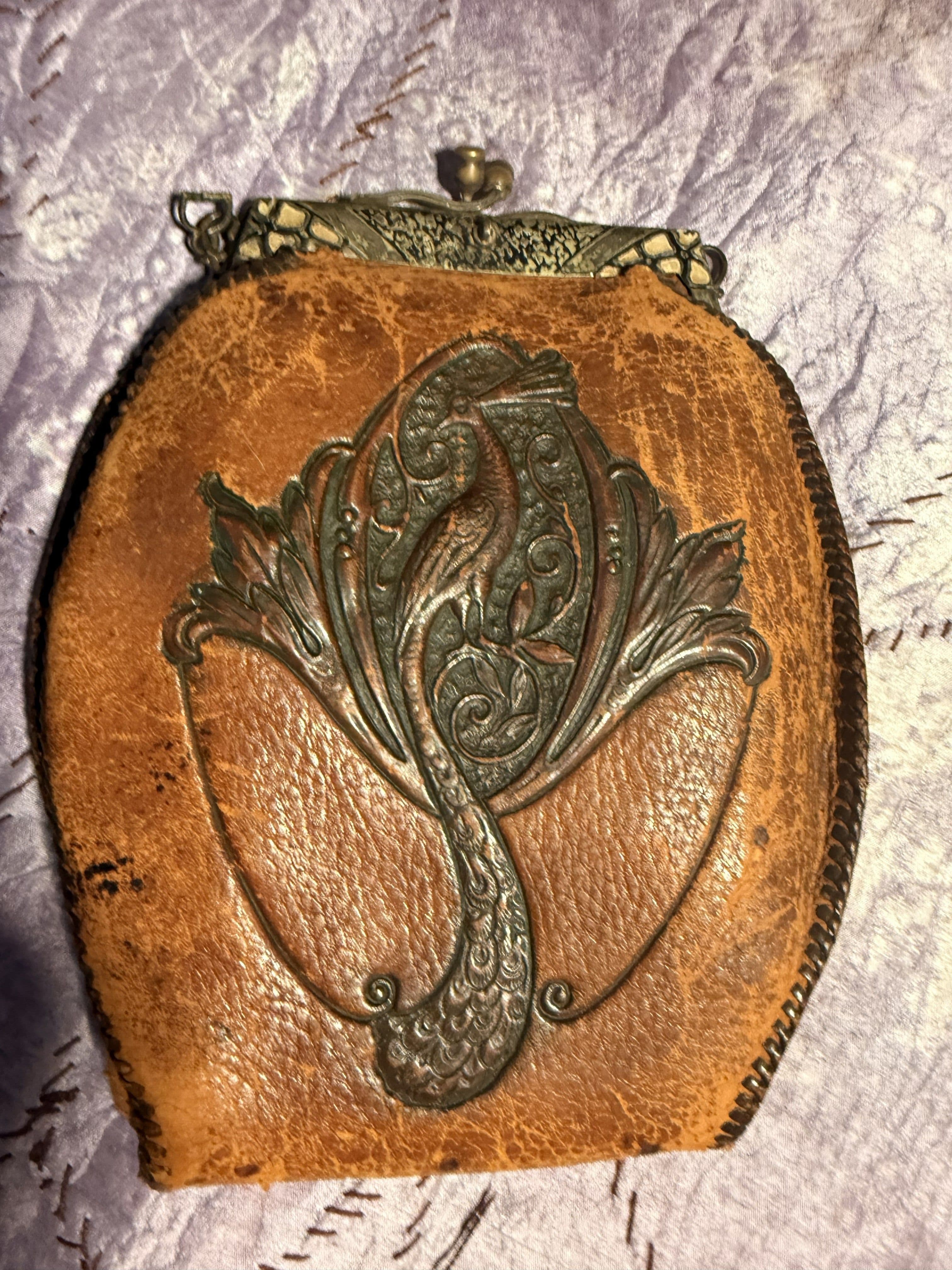 F28 - Antique 1910s Art Nouveau Hand Tooled Leather Peacock Purse w/ Original Mirror