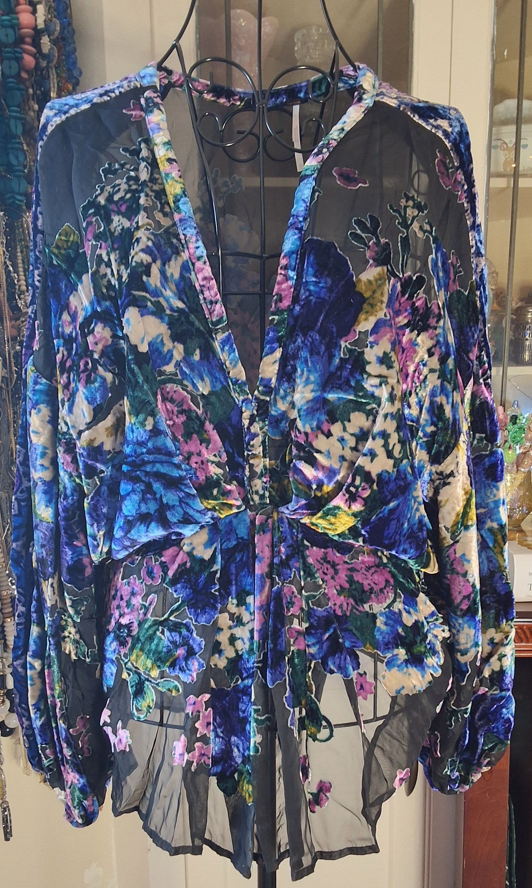F17 - Free People Bonnie Burnout Velvet Floral Top Black Blue Size L