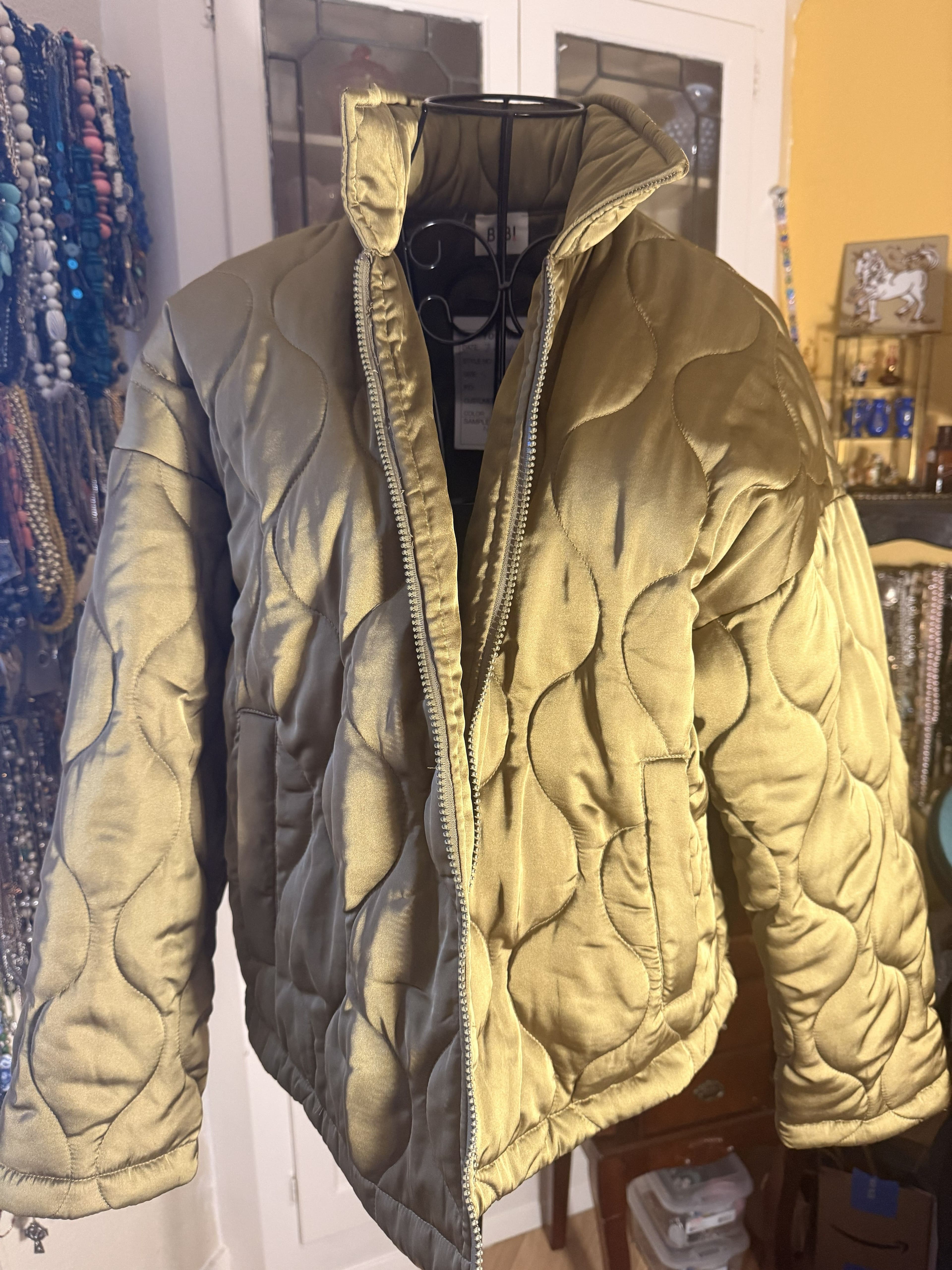 F24 - NWT BiBi Rare Production Sample Carded Quilted Jacket - Sage Green Satin