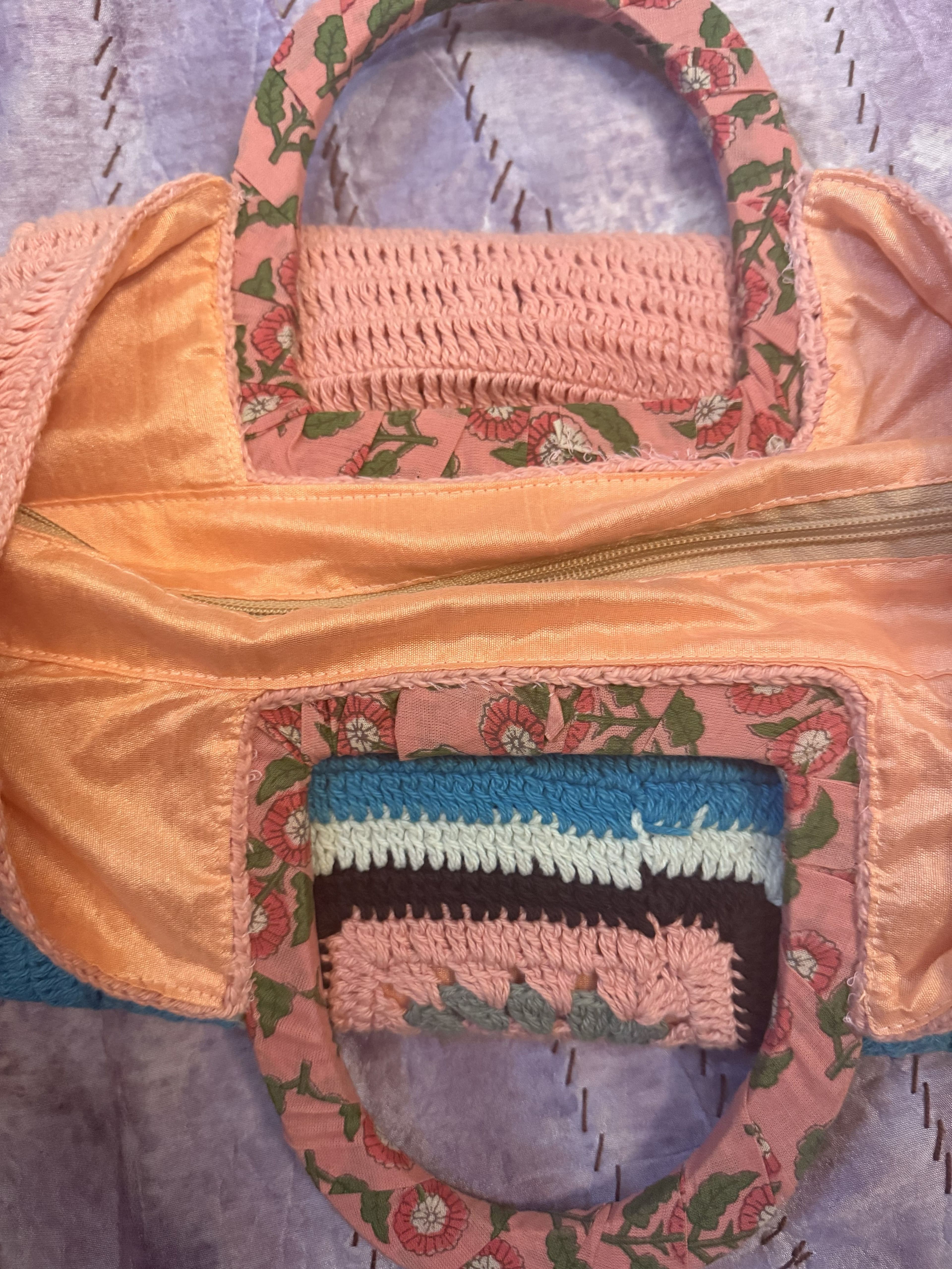 F21 - NWOT Karma Highway Boho Granny Square Crochet Tote Bag - Pink & Teal - Thumbnail 2
