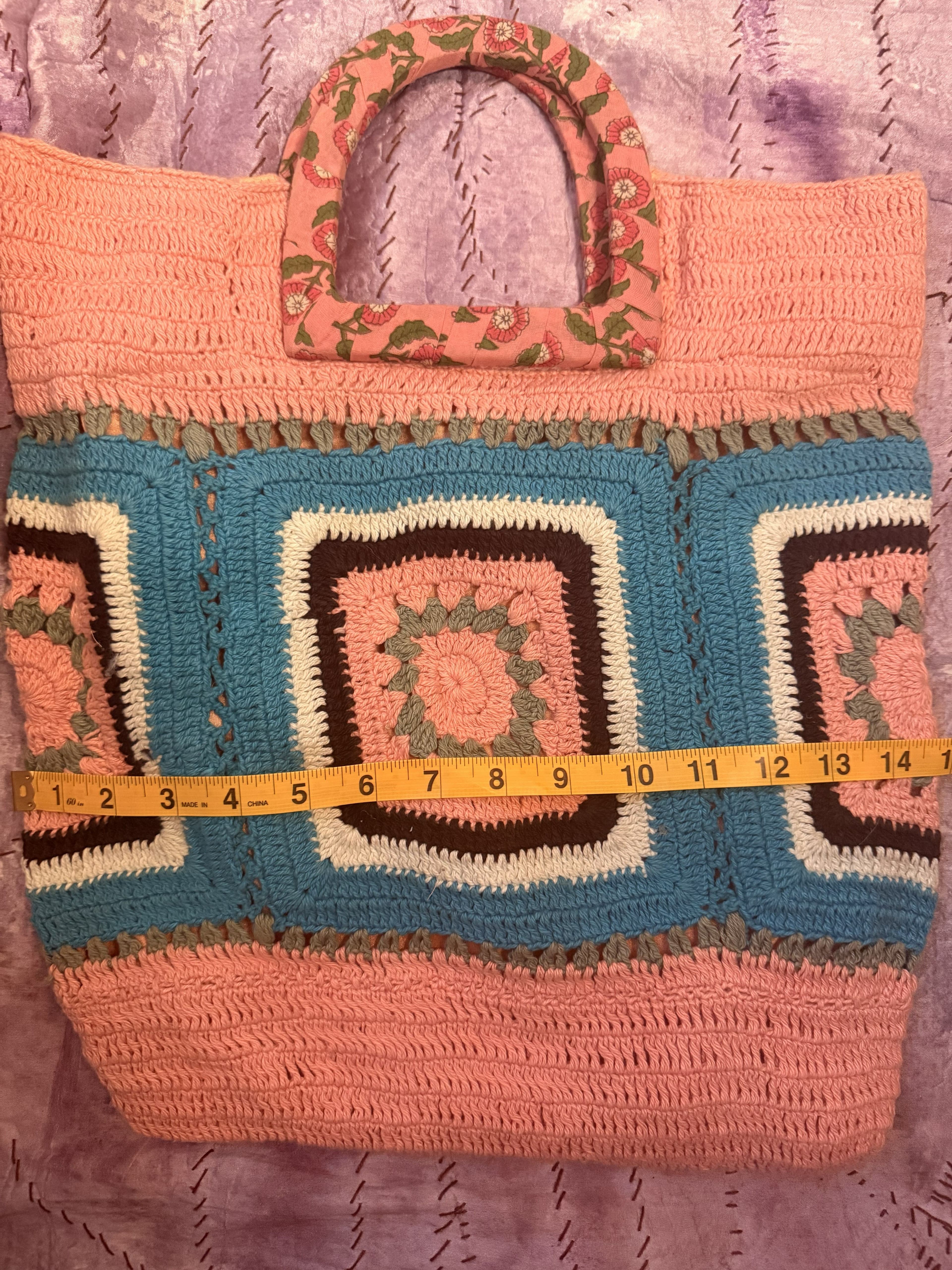 F21 - NWOT Karma Highway Boho Granny Square Crochet Tote Bag - Pink & Teal - Thumbnail 3