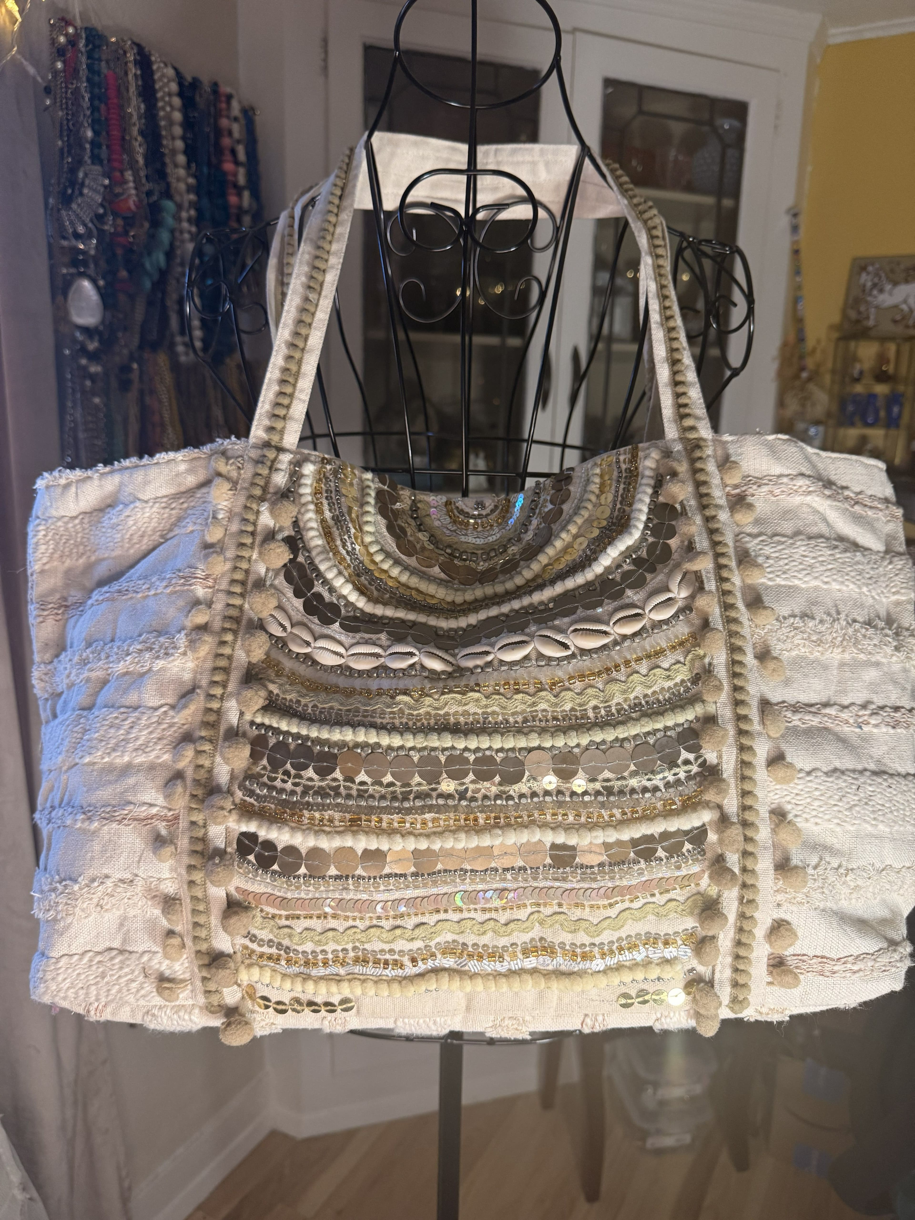 F69 - NWOT Karma Highway Oversized Boho Embellished Cowrie Shell Tote Bag - Cream