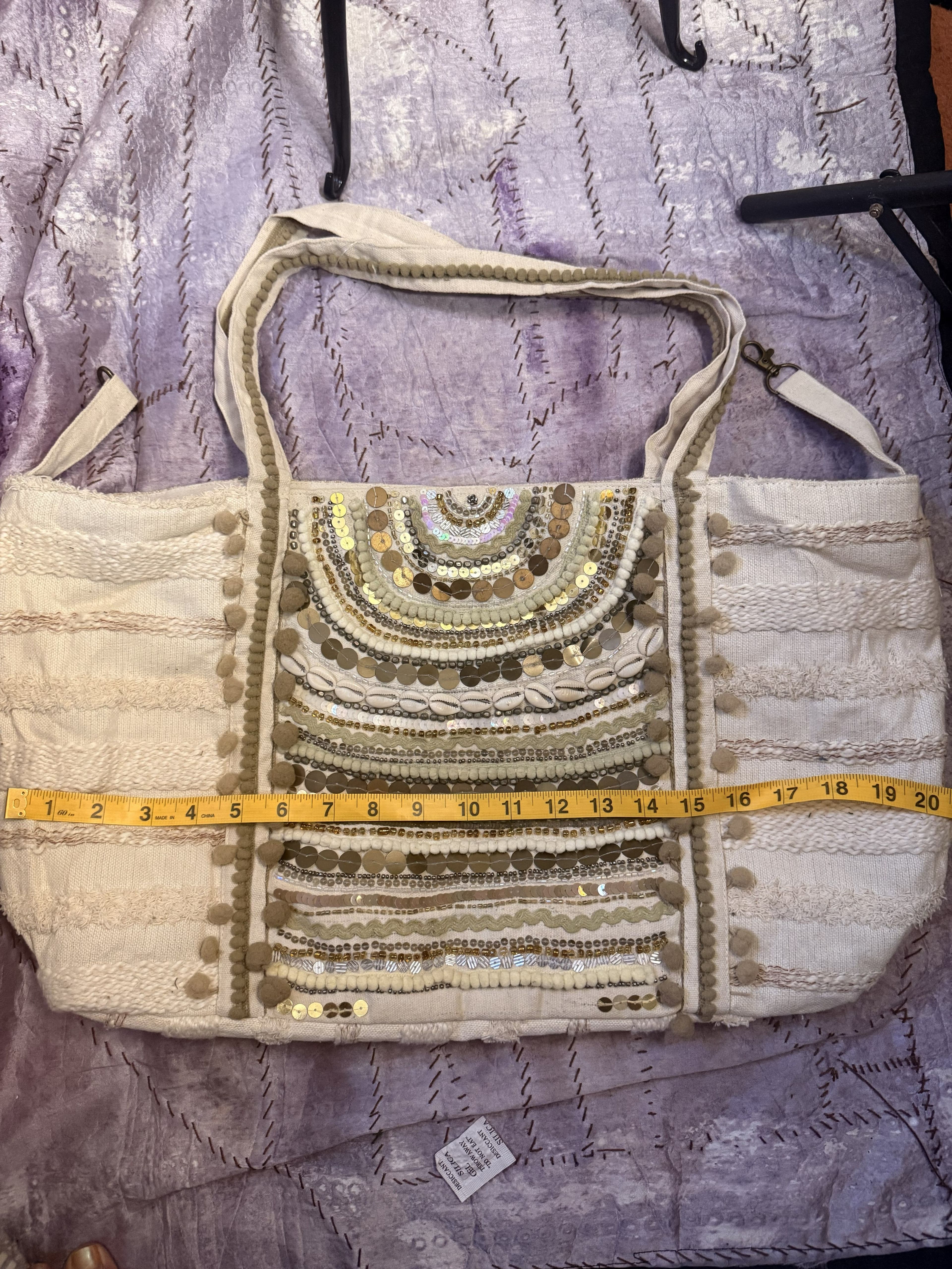 F69 - NWOT Karma Highway Oversized Boho Embellished Cowrie Shell Tote Bag - Cream - Thumbnail 3