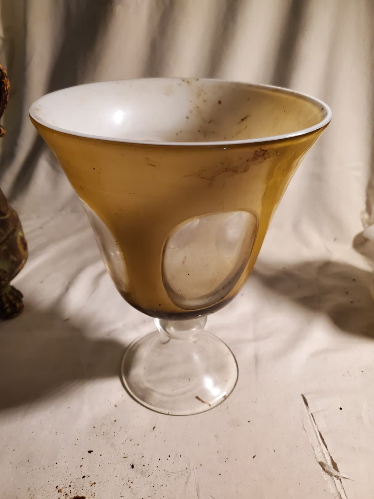 Vintage Amber & White Art Glass Pedestal Vase / Compote Bowl – 10" Tall, 8" Diam - Thumbnail 2