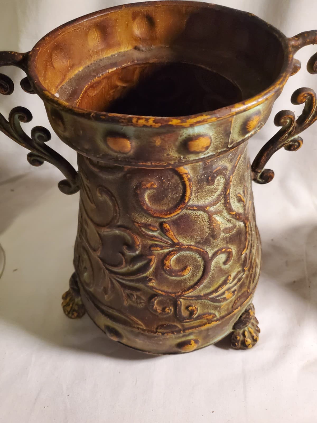 Vintage Copper Tone Embossed Metal Urn Vase Planter Scroll Handles