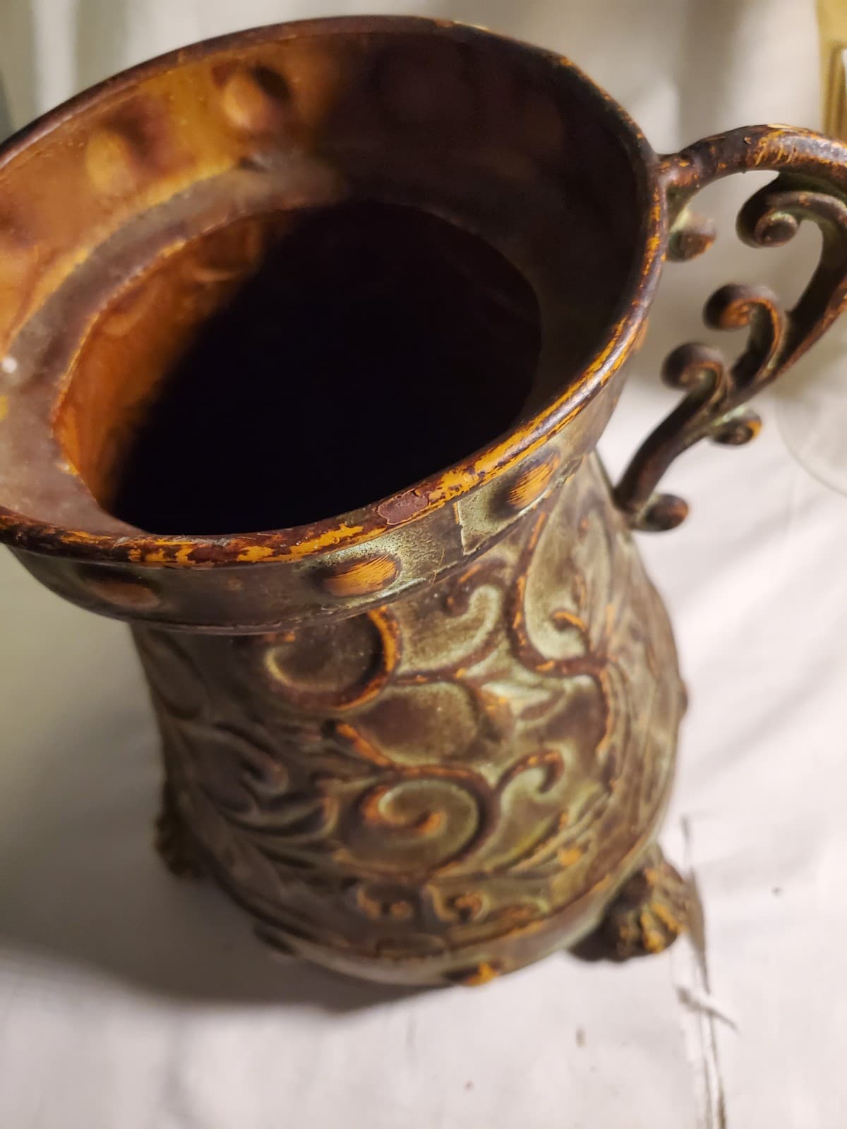 Vintage Copper Tone Embossed Metal Urn Vase Planter Scroll Handles - Thumbnail 2