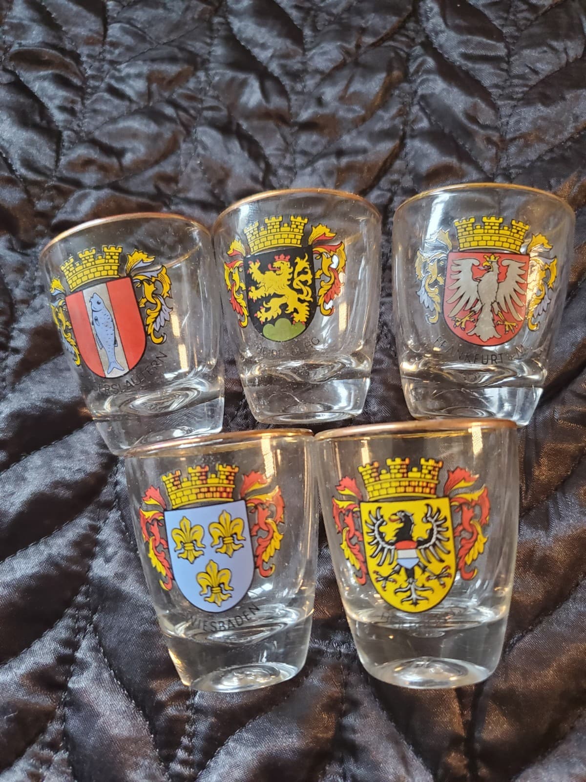 Set of 5 Vintage Germany Coat Of Arms Gold Rim Schnapps Shot Glasses