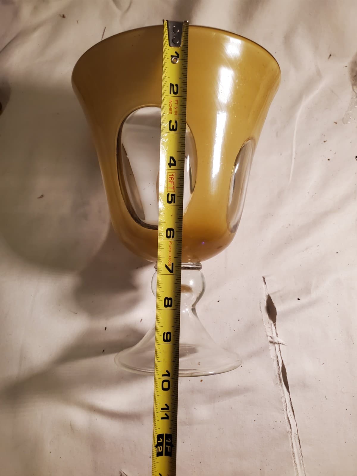 Vintage Amber & White Art Glass Pedestal Vase / Compote Bowl – 10" Tall, 8" Diam - Thumbnail 4