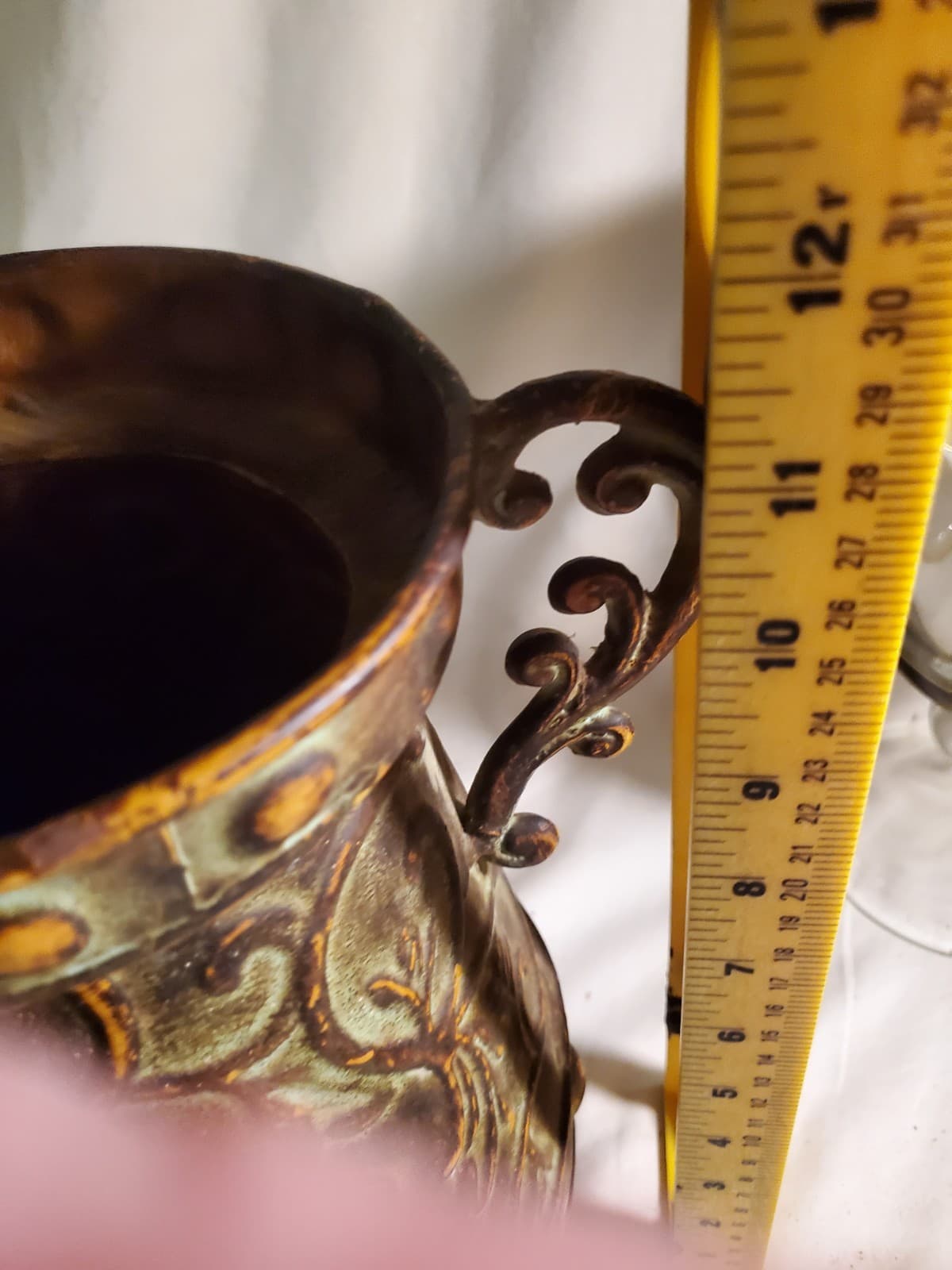 Vintage Copper Tone Embossed Metal Urn Vase Planter Scroll Handles - Thumbnail 5