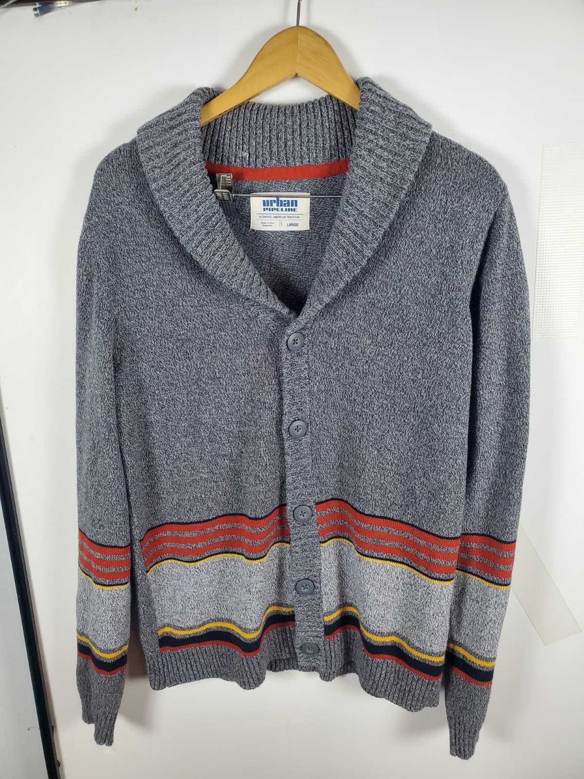 Urban Pipeline Men’s Cardigan Shawl Collar Sweater Grey Striped Size Lg Soft