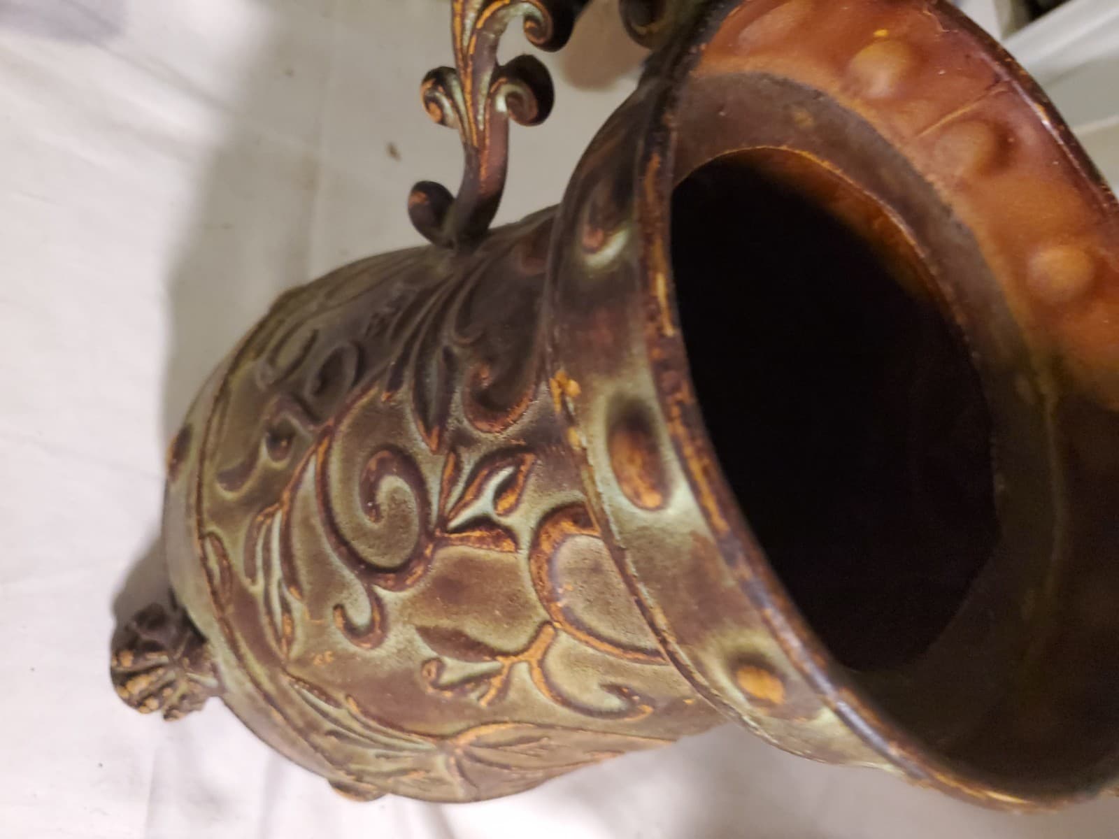 Vintage Copper Tone Embossed Metal Urn Vase Planter Scroll Handles - Thumbnail 7