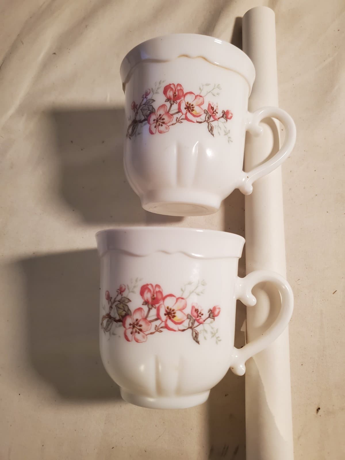 Arcopal France Floral Milk Glass Tea Cups Set of 2 Pink Blossom Pattern Vintage