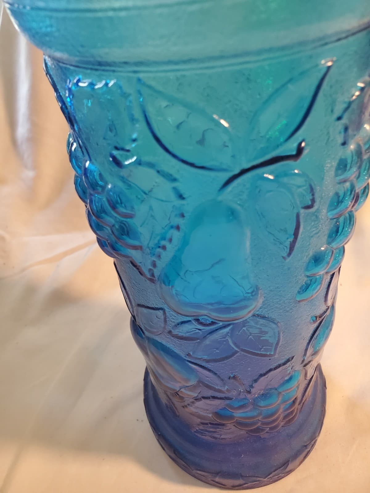 MCM Empoli Blue Glass Vase Bottle Grapes Pears Fruit Pattern Made in Italy 15" - Thumbnail 5
