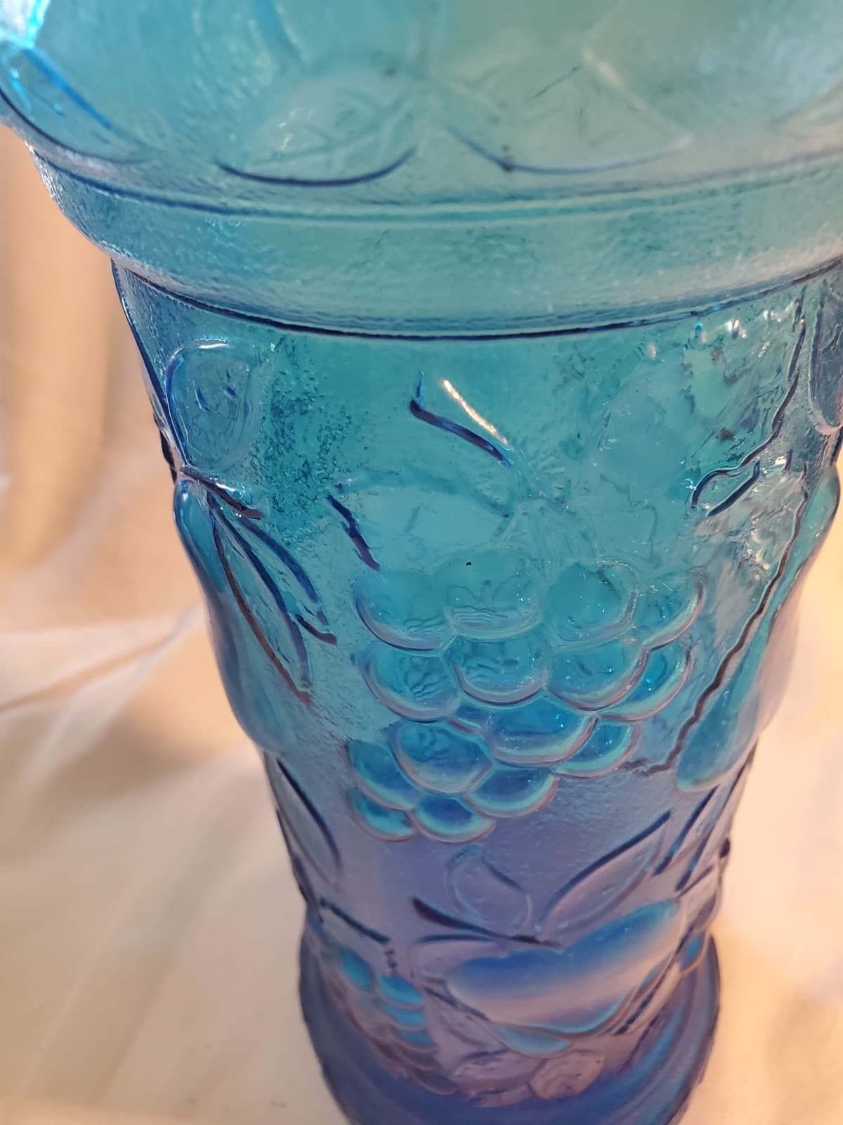 MCM Empoli Blue Glass Vase Bottle Grapes Pears Fruit Pattern Made in Italy 15" - Thumbnail 3