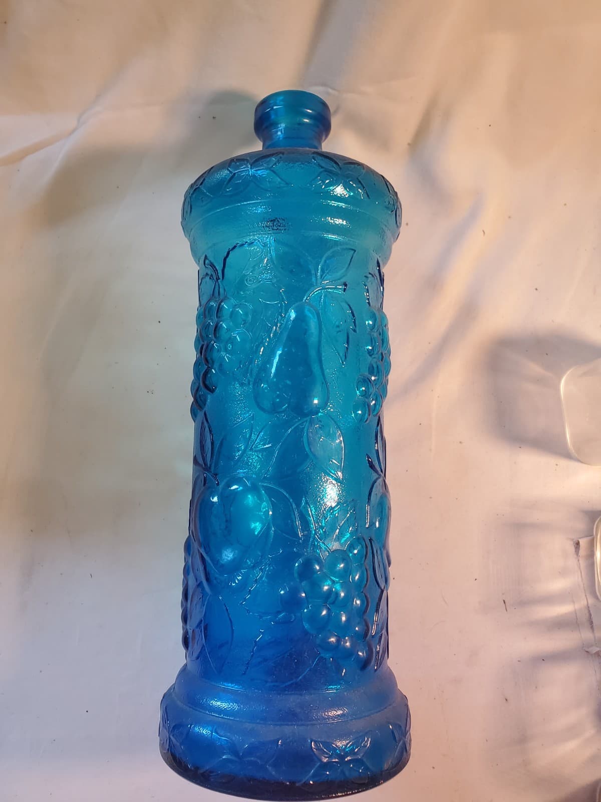 MCM Empoli Blue Glass Vase Bottle Grapes Pears Fruit Pattern Made in Italy 15"