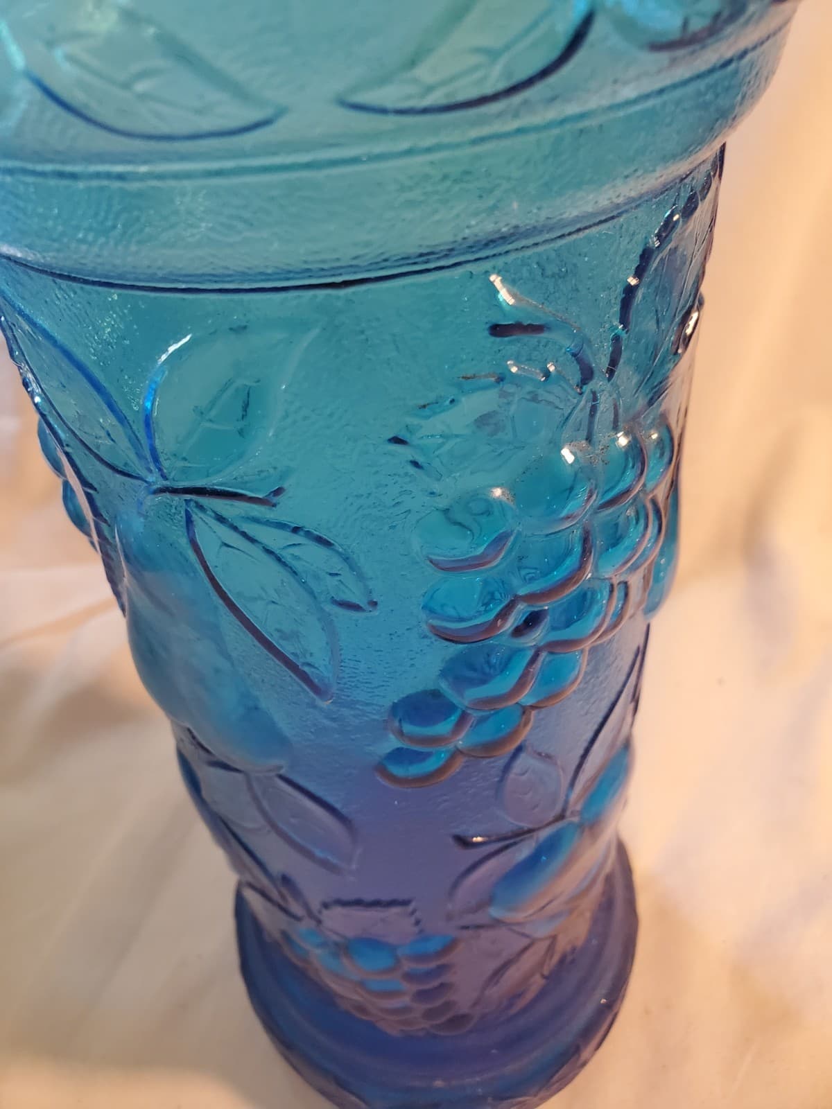 MCM Empoli Blue Glass Vase Bottle Grapes Pears Fruit Pattern Made in Italy 15" - Thumbnail 4