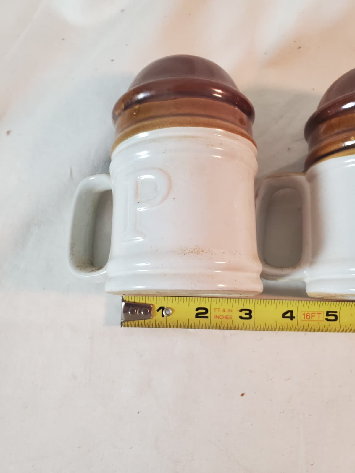 Vintage Stoneware Salt and Pepper Shakers Vintage, Brown Tan, Large - Thumbnail 2