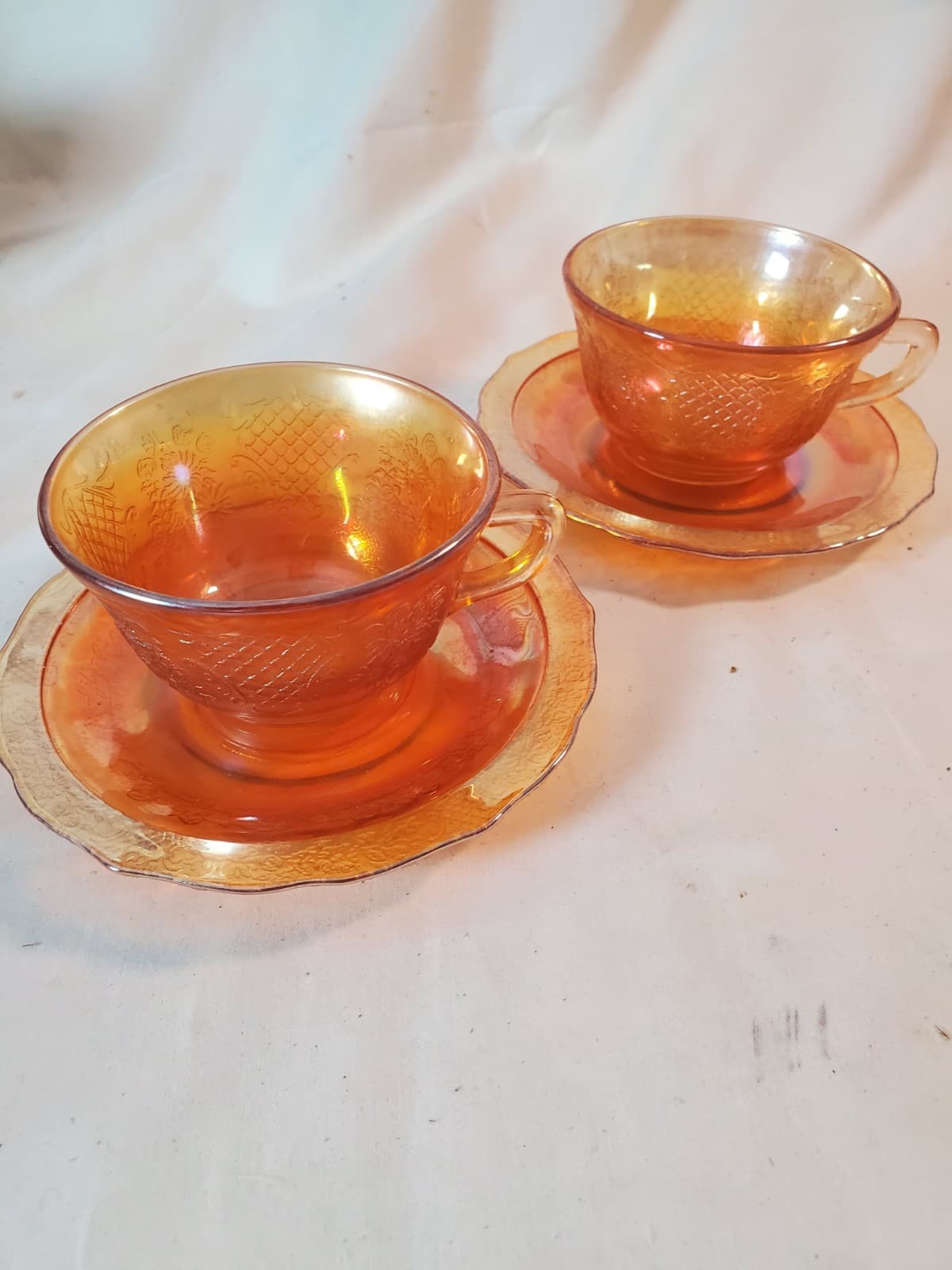 Set of 2 Cup and Saucer Federal Glass Normandie Sunburst