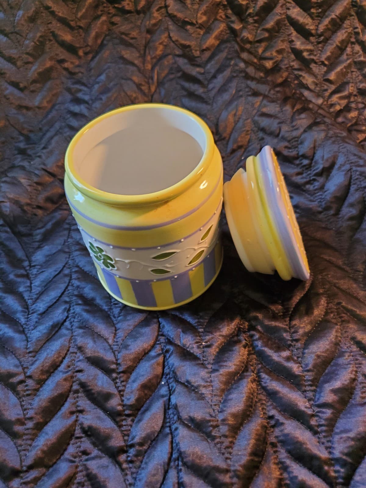 Houston Harvest Ceramic Floral Canister Jar Lid Yellow Purple Green 6" EUC - Thumbnail 3