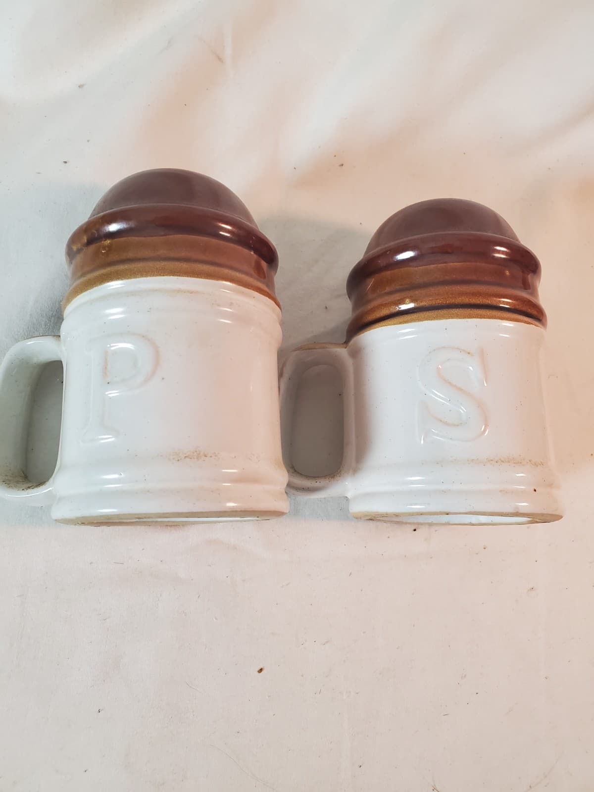 Vintage Stoneware Salt and Pepper Shakers Vintage, Brown Tan, Large