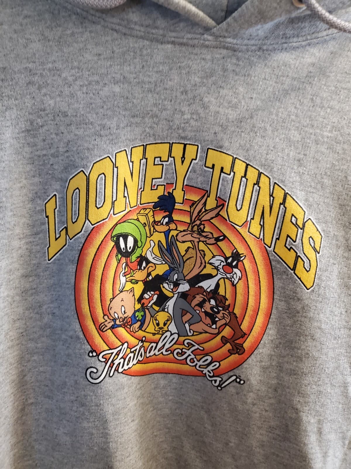 Looney Tunes Show That's All Folks! Pullover Hoodie Sweatshirt Gray Size Medium