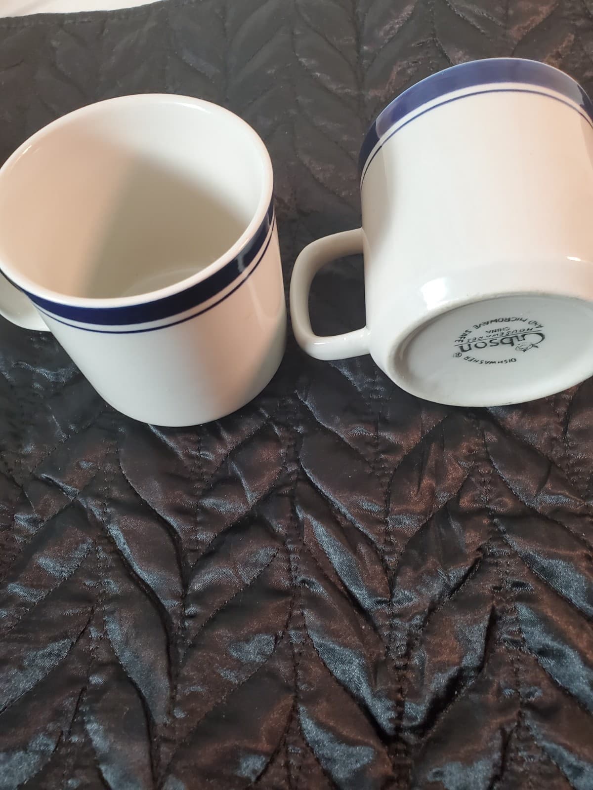 Set of 2 Vintage Gibson Housewares Flat Mug with D Handle Tan Blue Stripes - Thumbnail 6