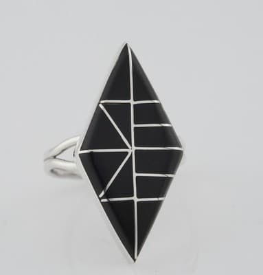 Sterling Silver Onyx With Silver Inlay Geometric Lines Ring Size 7.25