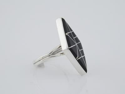Sterling Silver Onyx With Silver Inlay Geometric Lines Ring Size 7.25 - Thumbnail 4