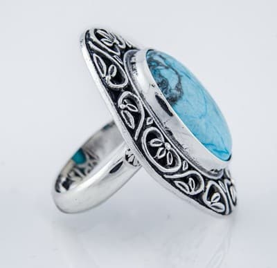 Sterling Silver Turquoise Ring, Oval Stone Filigree Surround Size 6.5 - Thumbnail 3