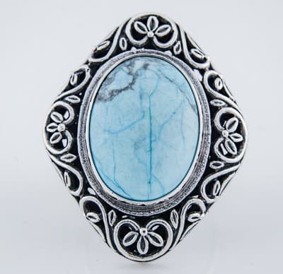 Sterling Silver Turquoise Ring, Oval Stone Filigree Surround Size 6.5