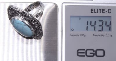 Sterling Silver Turquoise Ring, Oval Stone Filigree Surround Size 6.5 - Thumbnail 6