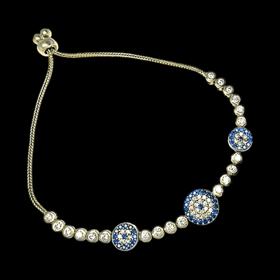 925 Sterling Silver Evil Eye Bracelet Blue White CZ Adjustable Bolo Chain