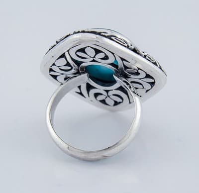 Sterling Silver Turquoise Ring, Oval Stone Filigree Surround Size 6.5 - Thumbnail 4