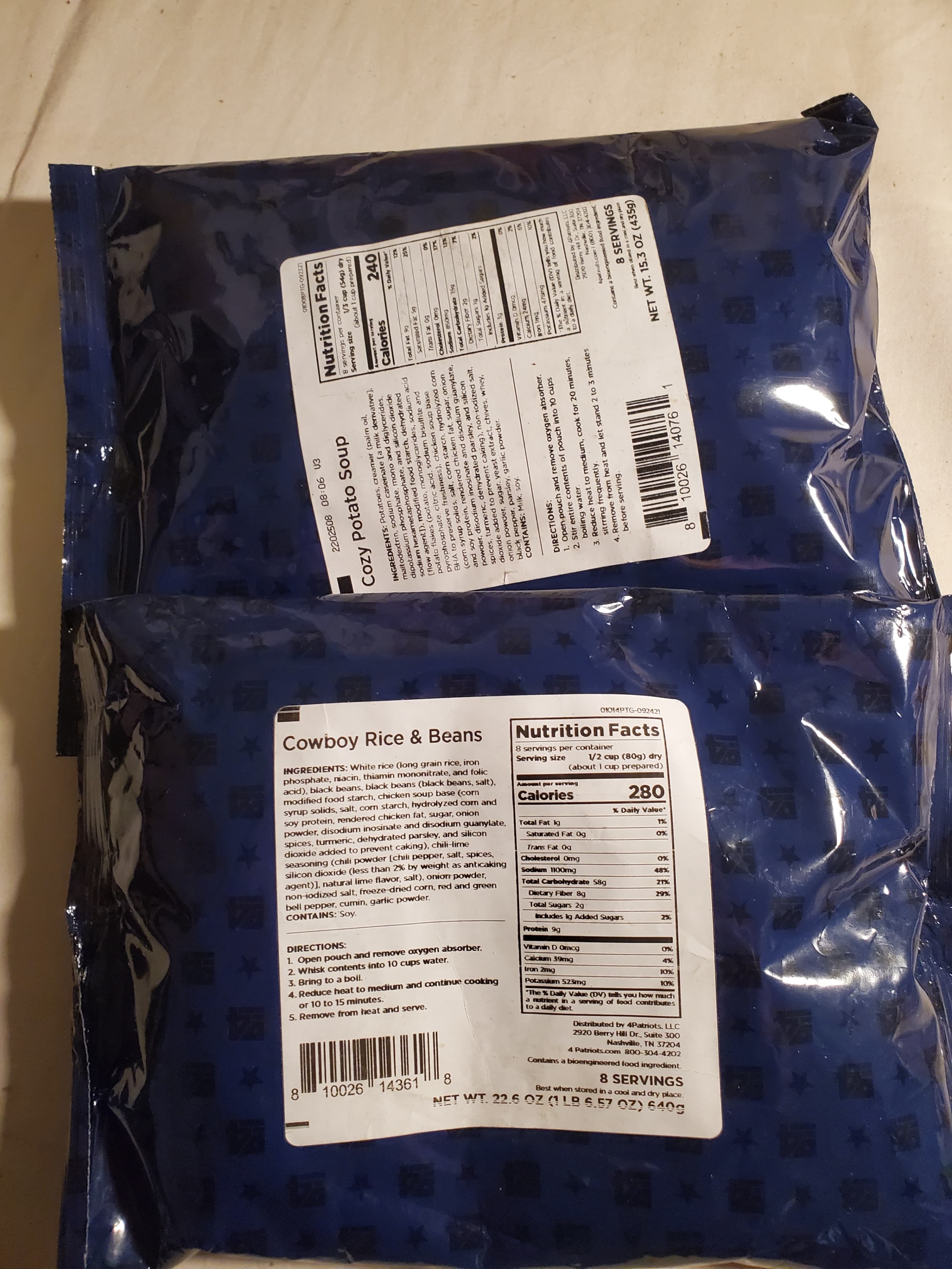 4Patriots Cowboy Rice & Beans and Cozy Potato Soup - 8 servings each