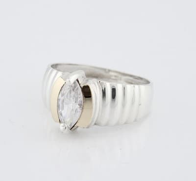 Classy Silver Wave Style Ring Marquise Clear Stone Gold Tone Size 9