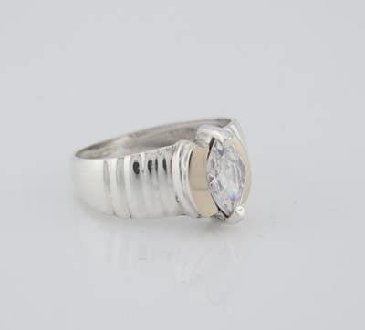 Classy Silver Wave Style Ring Marquise Clear Stone Gold Tone Size 9 - Thumbnail 2
