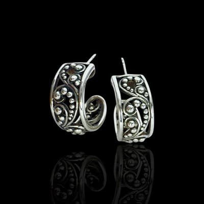 Vintage Sterling Silver Open Work Bali Scroll Ball Hoop Earrings - Thumbnail 3