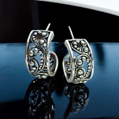 Vintage Sterling Silver Open Work Bali Scroll Ball Hoop Earrings