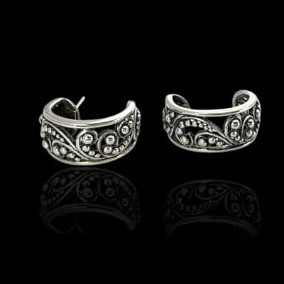 Vintage Sterling Silver Open Work Bali Scroll Ball Hoop Earrings - Thumbnail 4
