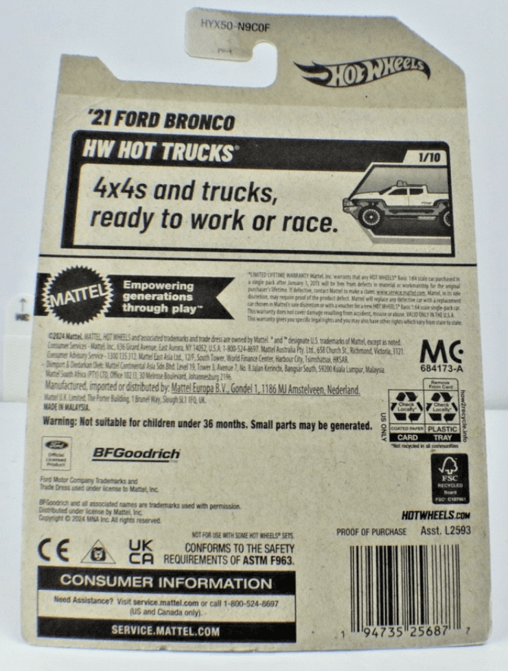 2025 Hot Wheels 2021 FORD BRONCO ~ HW Hot Trucks (1/10) ~ Collector # 20/250 - Thumbnail 2