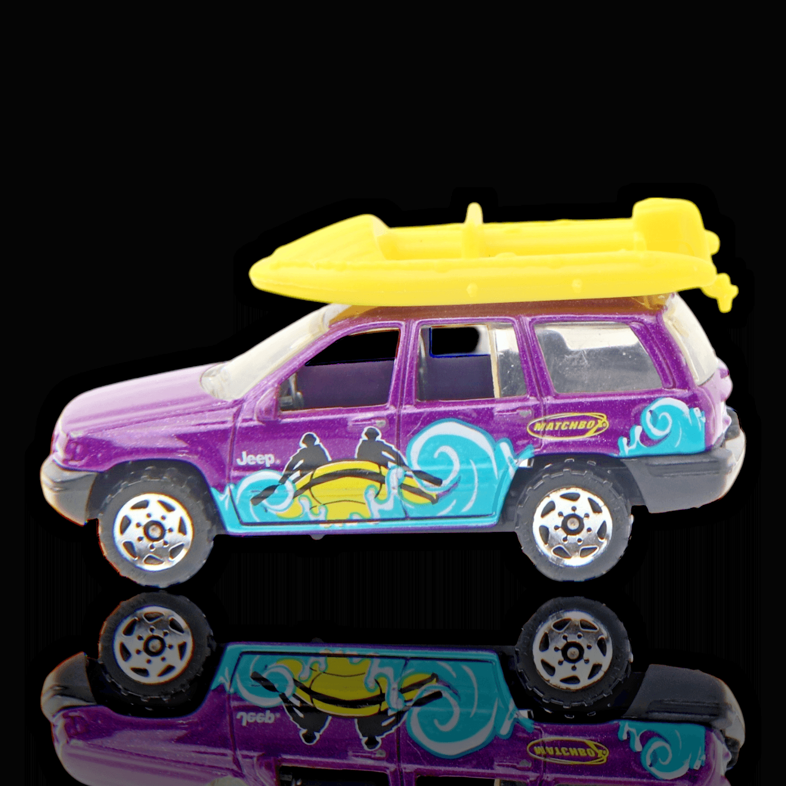 Matchbox 1999 JEEP GRAND CHEROKEE ~ 1:64 Purple Yellow Boat Surf Decals Diecast - Thumbnail 2
